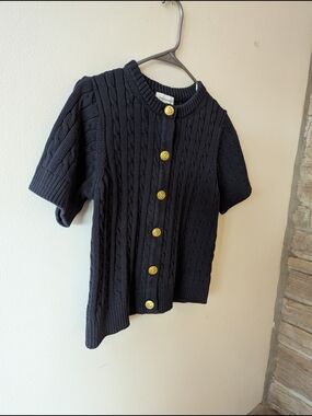 Free Assembly Navy Cable Knit Short Sleeve Cardigan with Gold Buttons XL. 16-18